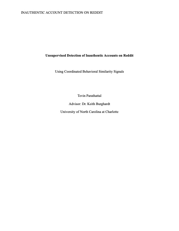 First page of the Unsupervised Detection of Inauthentic Accounts on Reddit research paper